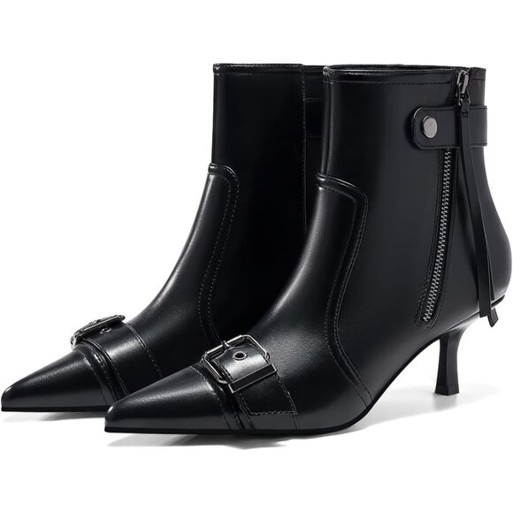 ⚡Women's Black Kitten Heel Ankle Boots Pointed Toe Buckle Side Zipper Tassel - Picture 1 of 5